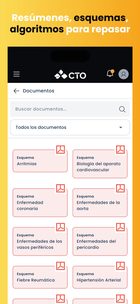 MetaEnarm app document library showing a list of medical schemes and summaries for residency exam preparation