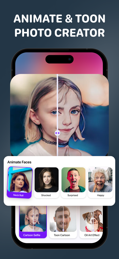 Video Editor - Movie Maker Pro - カートゥーンフィルターや、「驚き」「ハッピー」などのAIフェイスアニメーションオプションを表示したアプリのインターフェース