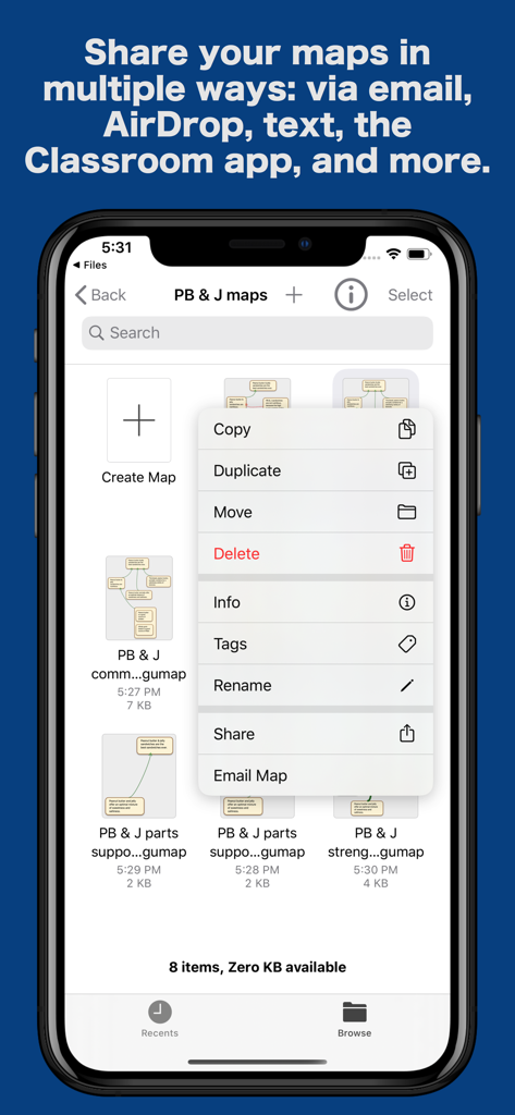 ArguMap Pro - Map Arguments - ArguMap Pro menu showing share and file management options on iPhone