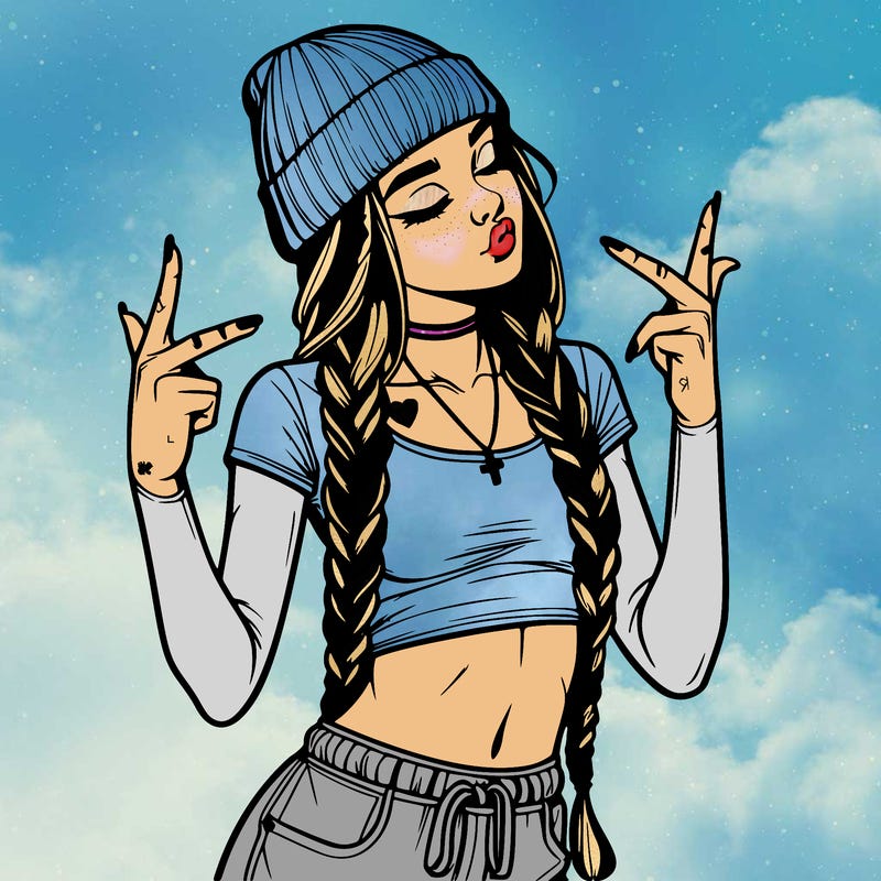 realistic teenage girl with braids and a beanie and crop top doing 🫶🏼
