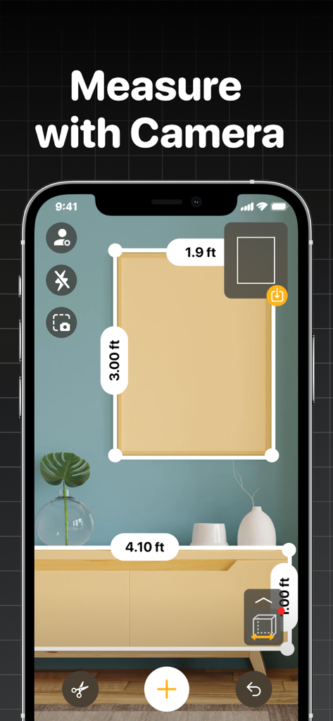 The Tape Measure & 3D Scanner - Aplicación de cinta métrica AR midiendo un cuadro y un gabinete en una habitación
