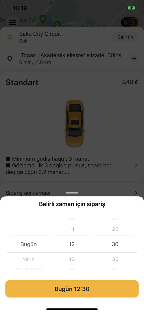 Milli TAXI - Milli TAXIアプリのスクリーンショット、特定の時間に予約するインターフェースを表示