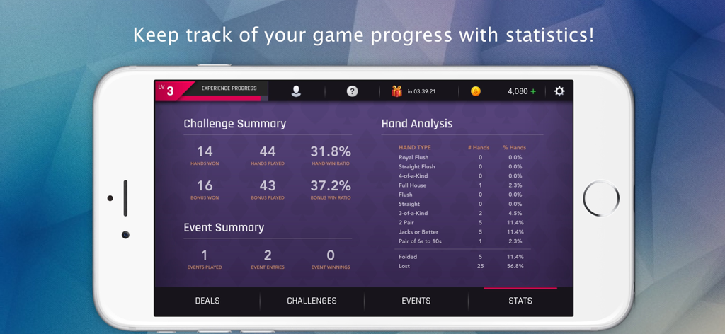 미시시피 스터드 프리미엄 모바일 앱 화면, 승률 및 핸드 유형을 포함한 상세한 게임 통계 및 핸드 분석 표시