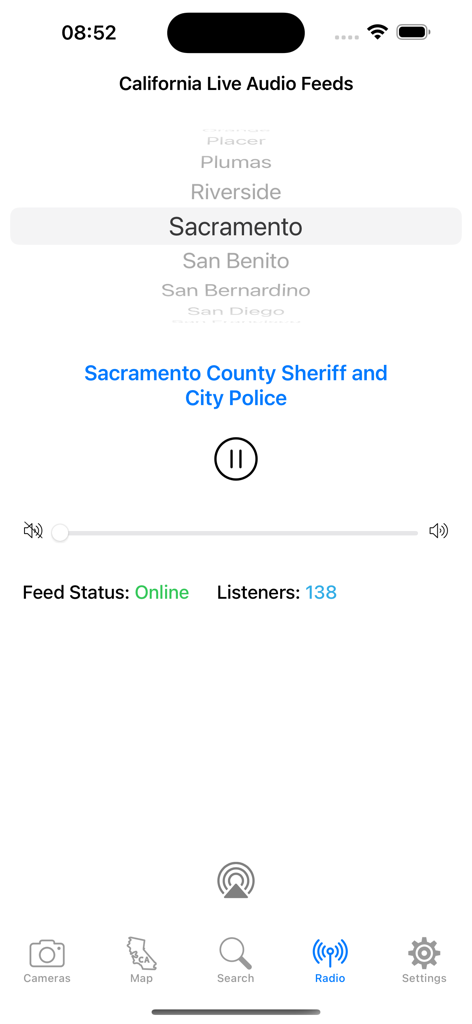 Live Traffic Cameras in CA - Mobile app screen showing live audio feeds for Sacramento County Sheriff and City Police in California.