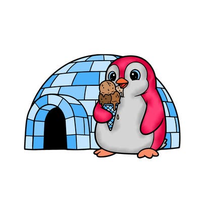 a cute penguin eating ice cream an igloo in background easy
