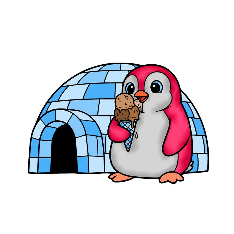 a cute penguin eating ice cream an igloo in background easy