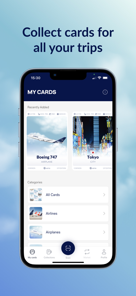 Uptrip app interface showing digital trading cards for an airplane and Tokyo city