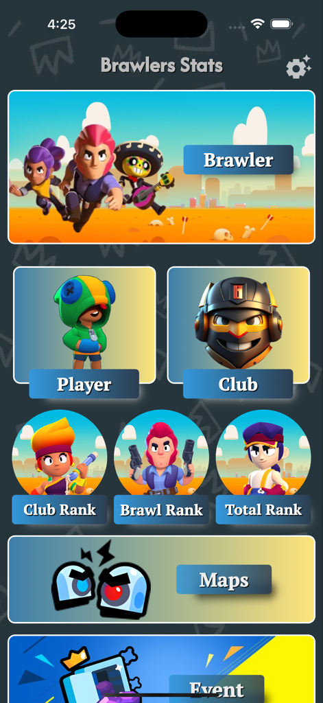 Main dashboard of the Brawlers Stats app showing brawler player and club statistic categories