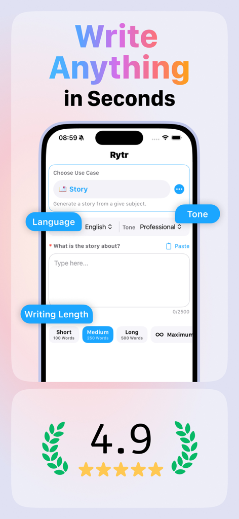 Raytr AI writing assistant app interface showing story generation settings and a 4.9 user rating.