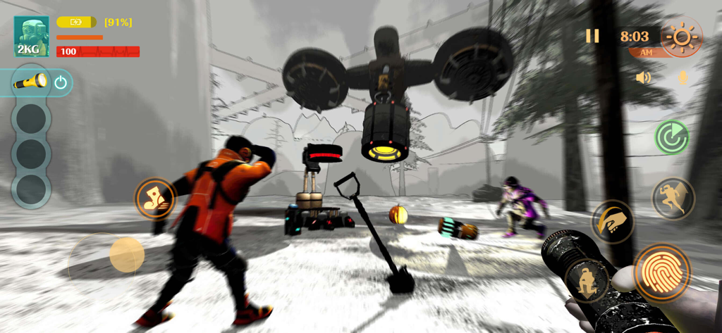 MIMESIS: Deceive or Die - Gameplay-Screenshot von MIMESIS Deceive or Die, der Charaktere auf einem verschneiten, verlassenen Planeten mit Sci-Fi-Maschinen und einer großen Drohne zeigt.