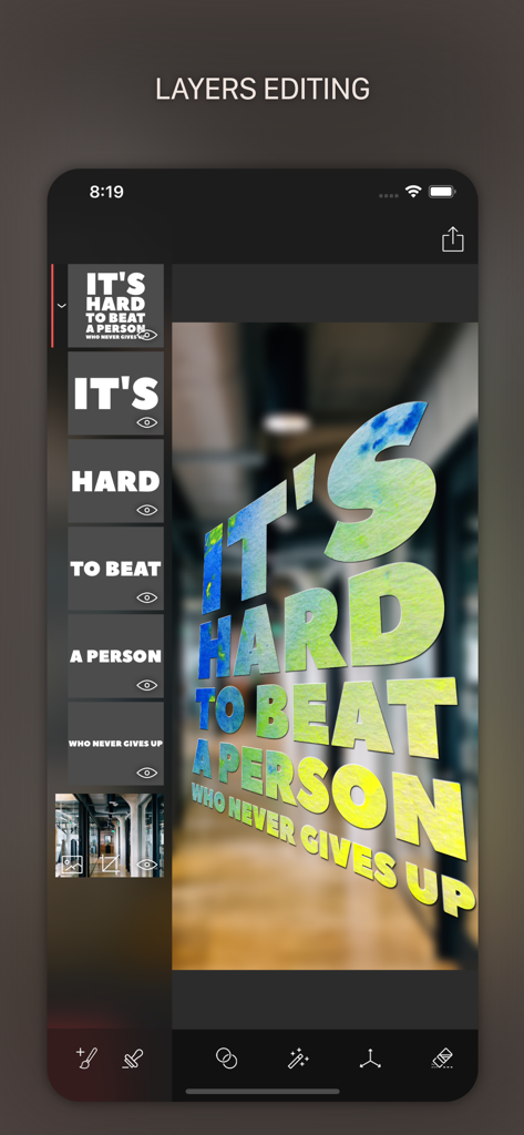 TypiMage-App-Oberfläche zeigt die Ebenenbearbeitungsfunktion zur Erstellung typografischer Poster mit farbigem 3D-Text.