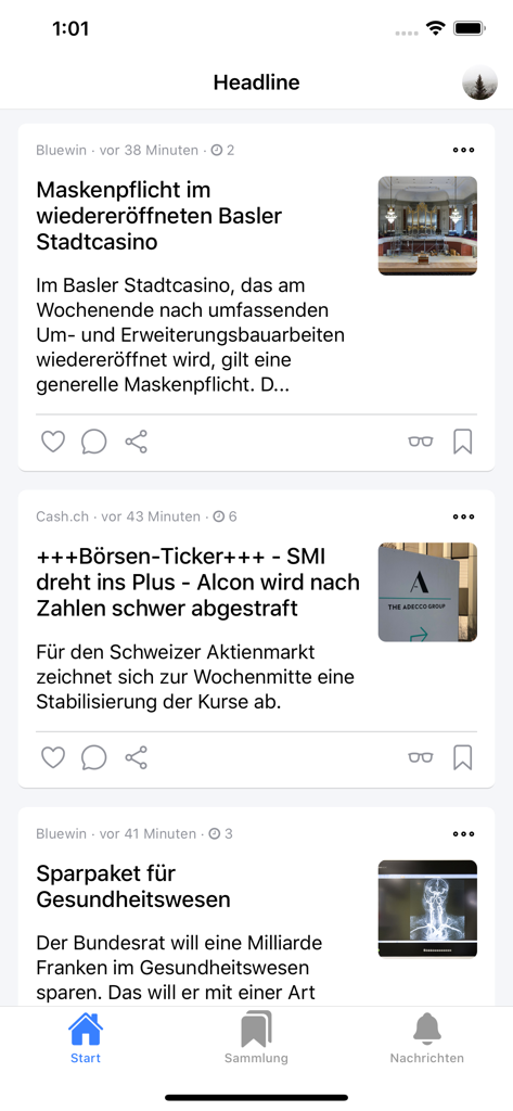 Headline - News - Headline Newsアプリのモバイルインターフェース。記事とナビゲーションメニューが表示されたパーソナライズされたニュースフィードを示しています。