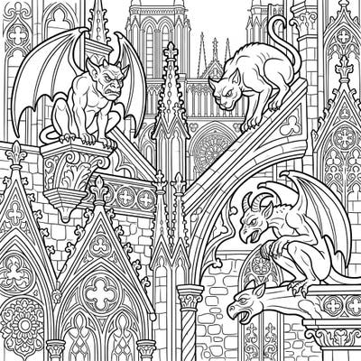 Discover the intricate world of Gothic Cathedral Gargoyles with this captivating coloring page. Perfect for those who love mysterious architecture and detailed fantasy creatures, it offers a unique artistic challenge.