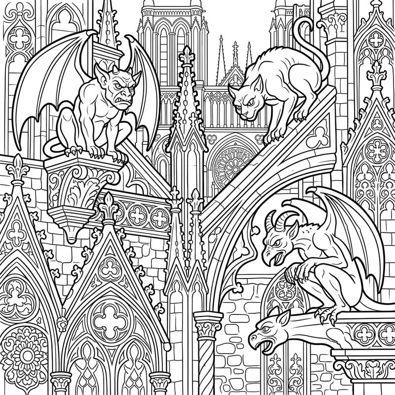Discover the intricate world of Gothic Cathedral Gargoyles with this captivating coloring page. Perfect for those who love mysterious architecture and detailed fantasy creatures, it offers a unique artistic challenge.
