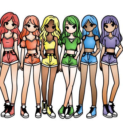 a group of girls wearing crop tops and shorts