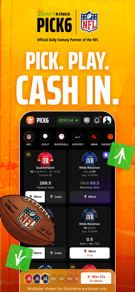 Pick6 DraftKings Fantasy Picks - DraftKings Pick6 app interface showing NFL player stat projections for fantasy sports picks