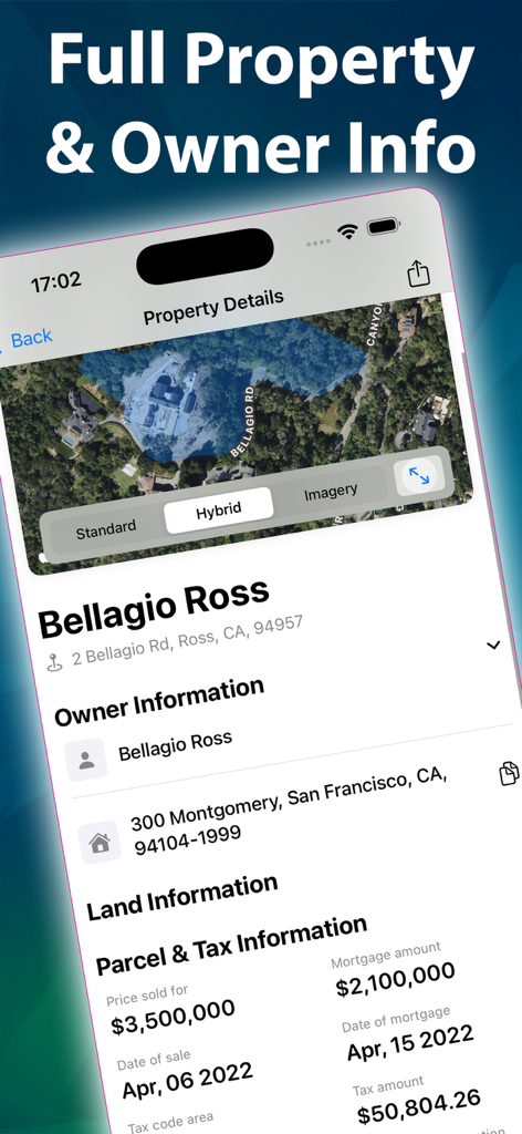 Property Survey GPS - Mobile screen of Property Survey GPS showing property owner details and tax information