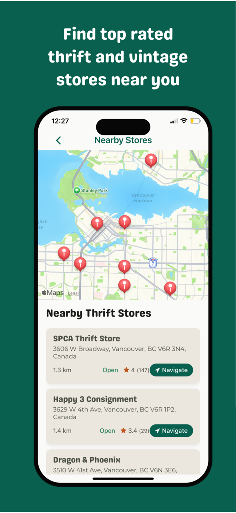ThriftWise: Smart Shopping - Map view and list of nearby thrift and vintage stores in the ThriftWise app.