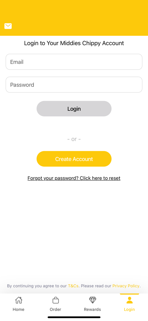 Middies Chippy - Middies Chippy app login screen with email and password input fields and a create account button