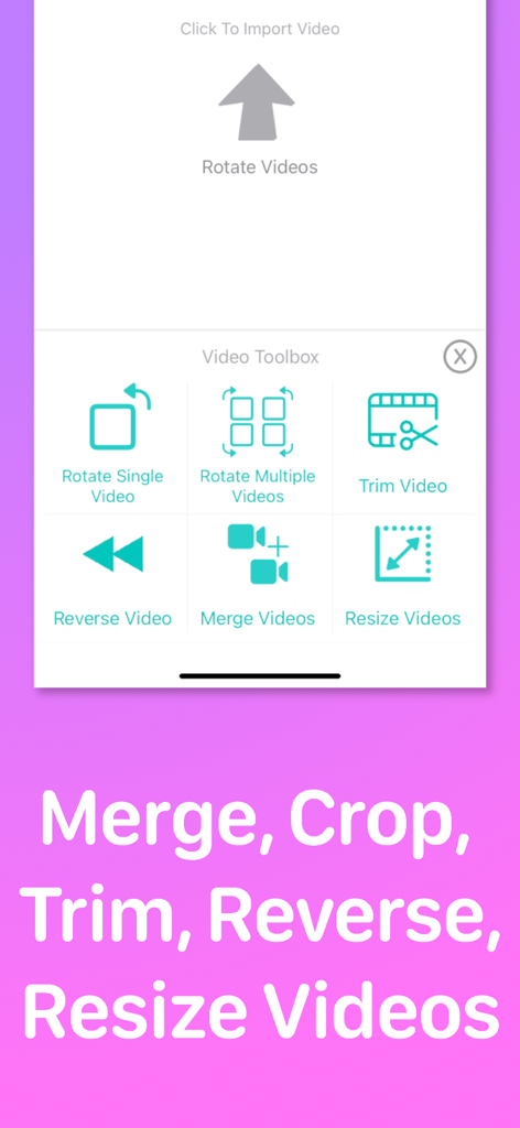 Video rotate + flip video easy - Interfaz de la caja de herramientas de vídeo que muestra opciones para rotar, recortar, revertir, unir y cambiar el tamaño de los vídeos
