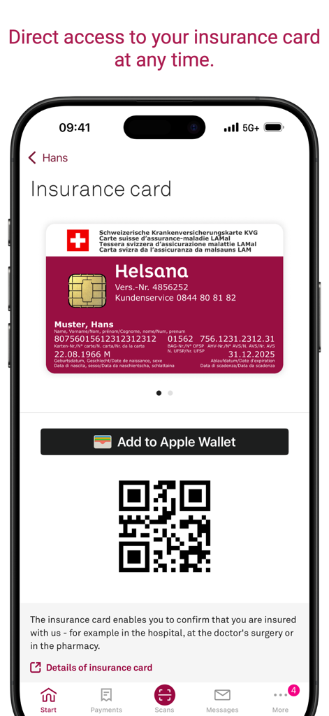 myHelsana - Digital health insurance card displayed in the myHelsana mobile app with an option to add to Apple Wallet