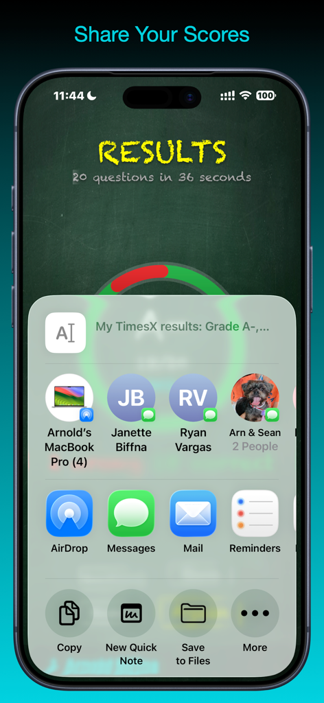 TimesX Times Tables Tester - iPhone screenshot showing the TimesX app share sheet for sending multiplication test scores via Messages or Mail
