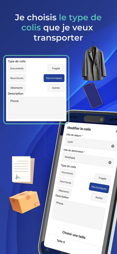 Kimia Lite - Smartphone screen showing parcel type selection for international shipping between Lyon and Kinshasa