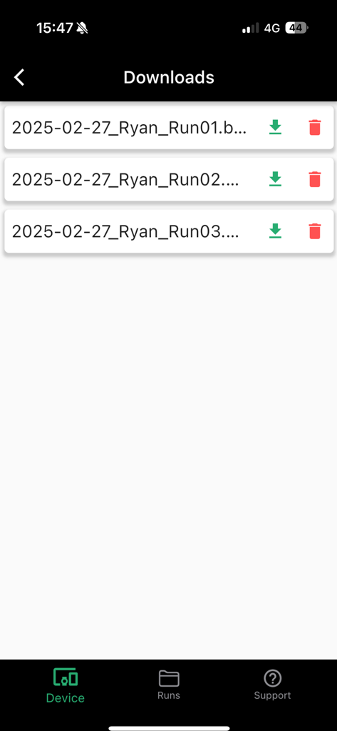 BYB Telemetry - Downloads screen in the BYB Telemetry app showing a list of recorded cycling run data files