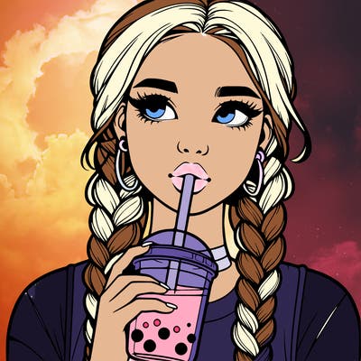 realistic girl with braided hair drinking boba