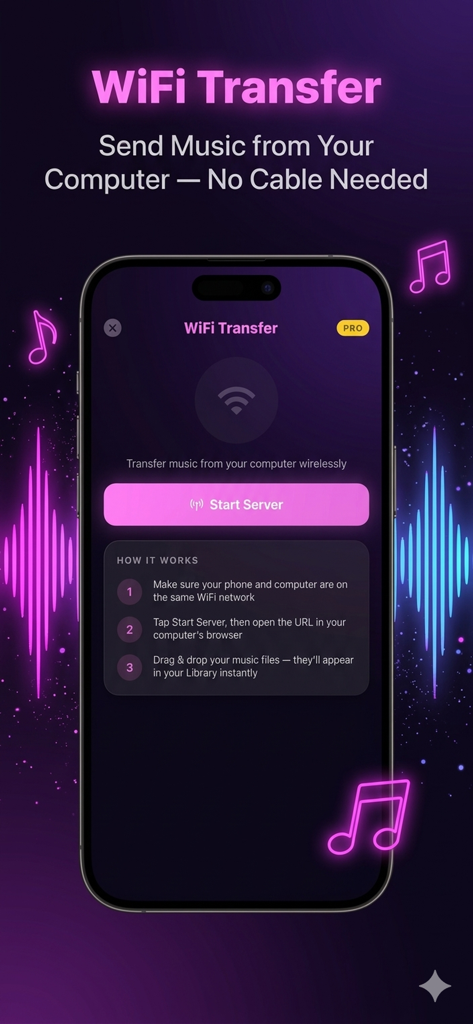 MP3 Player & Audio Music Mixer - Interfaz que muestra cómo transferir música de una computadora a la aplicación Reproductor MP3 usando WiFi sin cables.