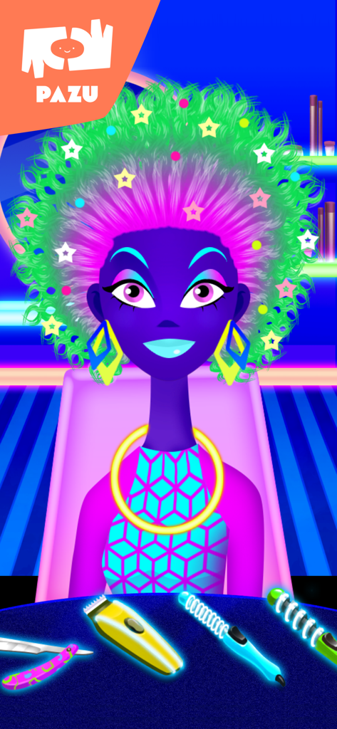Ein neonglühender Charakter mit Sternen-Haar-Accessoires und Styling-Werkzeugen in Girls Hair Salon Glow