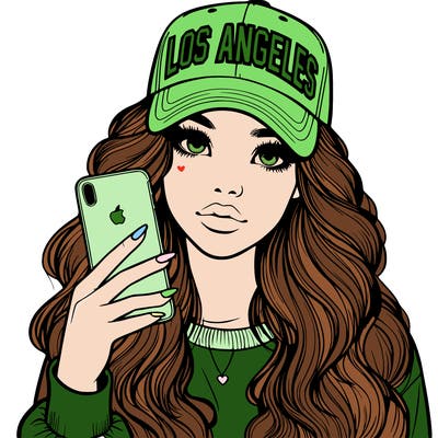 realistic beautiful girl wearing los ángeles cap holding an iphone