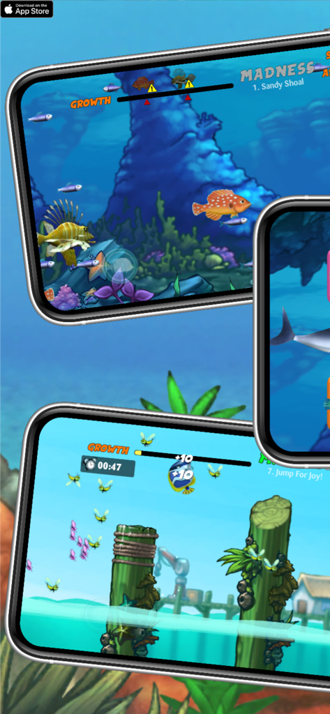 Let Me Eat 2 gameplay showcasing fish growth levels and underwater environments