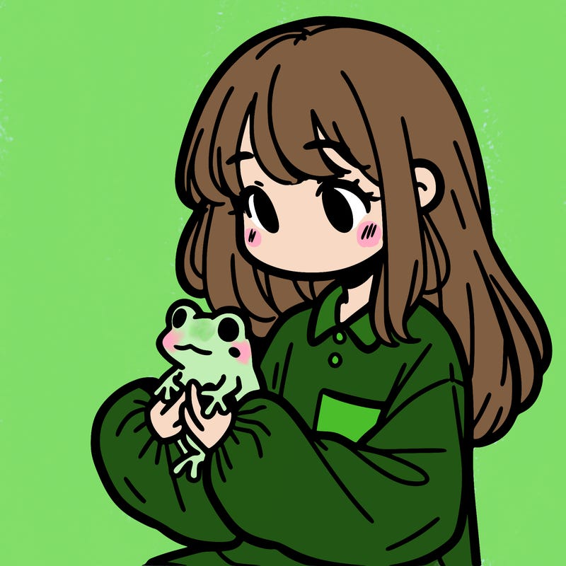 girl with long hair and a oversized shirt. and she is holding a frog