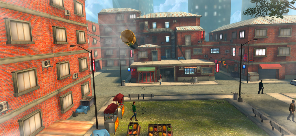 Sniper Honor: 3D Shooting Game - A slow motion 3D bullet flying through a city street in Sniper Honor shooting game
