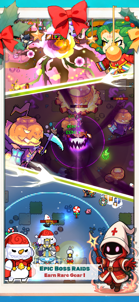 Treasure Hunter - Survival - Pixel art gameplay of Treasure Hunter Survival showing boss raids and festive holiday decorations