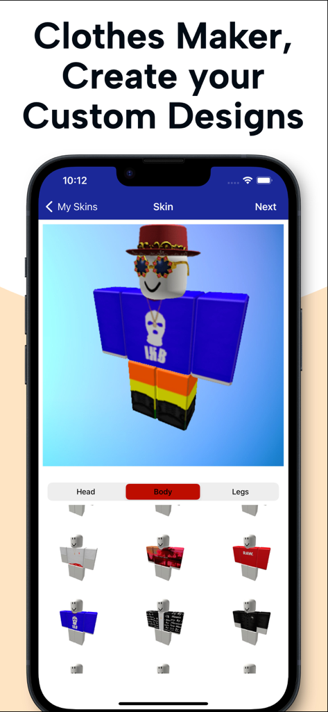 Interface of the SkinOx app showing a custom avatar editor with various clothing options