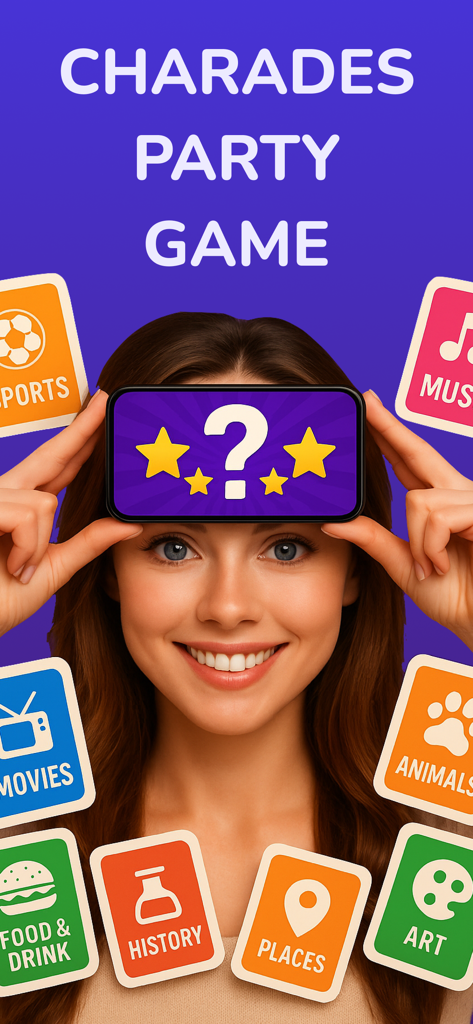 Charades: Headbands Party Game - A smiling young woman holding a smartphone to her forehead while playing the Charades Headbands party game with various category icons around her.