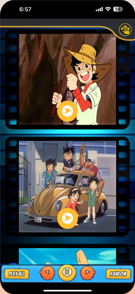 اغاني افلام كرتون بدون نت - Bildschirm einer mobilen App, der eine Liste klassischer arabisch synchronisierter Anime-Eröffnungslieder anzeigt, darunter Detective Conan und Der kleine Jäger.