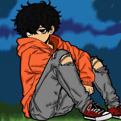 a male hoddie ripped jeans messy hair anime