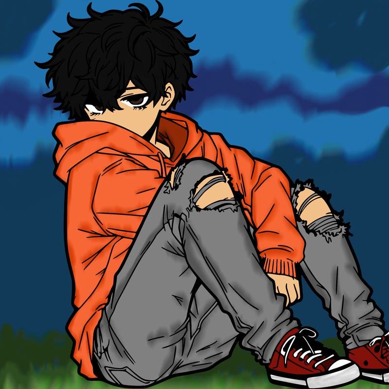 a male hoddie ripped jeans messy hair anime