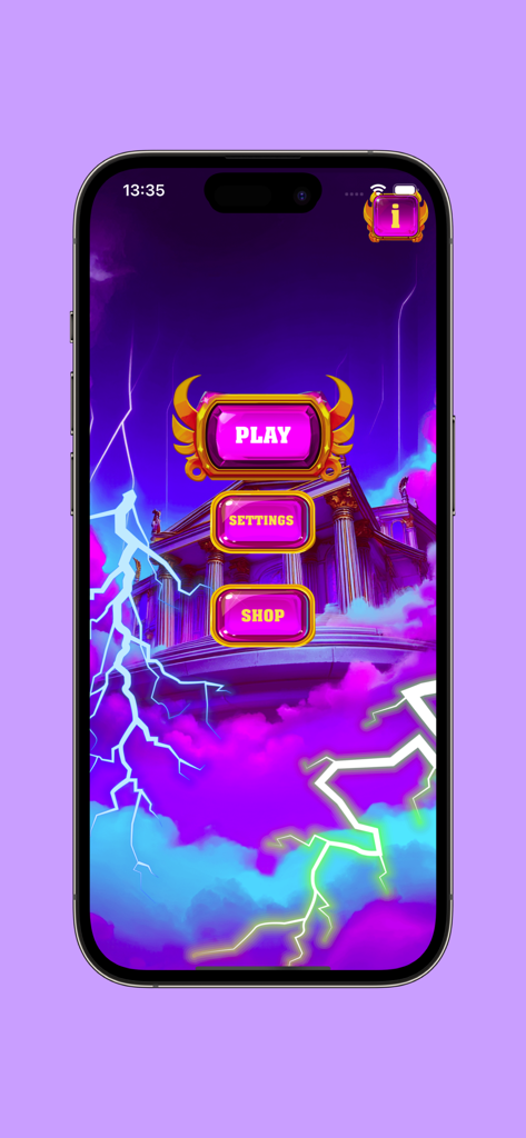 Ulimp Defence - Main menu of the Ulimp Defence app featuring a mythical temple with lightning and gold framed buttons