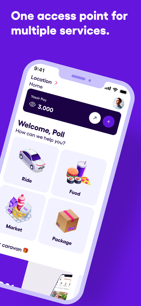 Yassir super app home screen showing ride food market and package options
