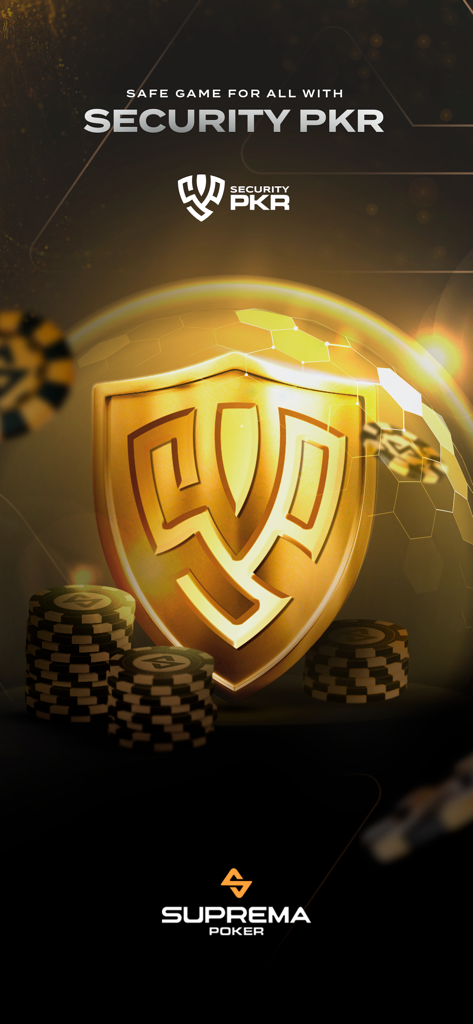 Suprema Poker - A golden security shield and poker chips representing the safe gaming environment of Suprema Poker