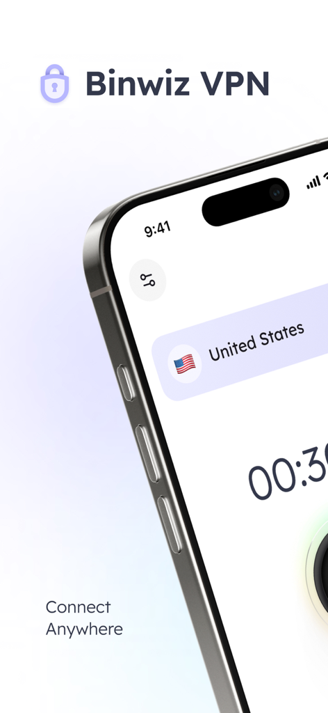 Binwiz VPN mobile app interface on an iPhone displaying a United States server connection and the tagline Connect Anywhere.