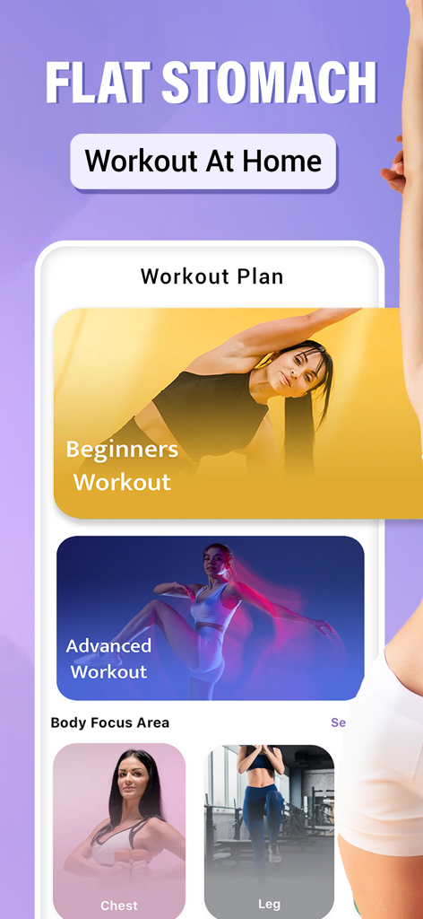 Flat Stomach Workout - 30 Days - Una interfaz de aplicación móvil que muestra planes de entrenamiento para principiantes y avanzados para ejercicios en casa centrados en un abdomen plano.