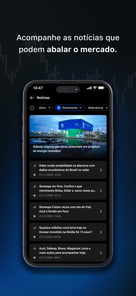 HUB3 - Gestão de Investimentos - Pantalla de la aplicación HUB3 que muestra noticias y titulares del mercado financiero