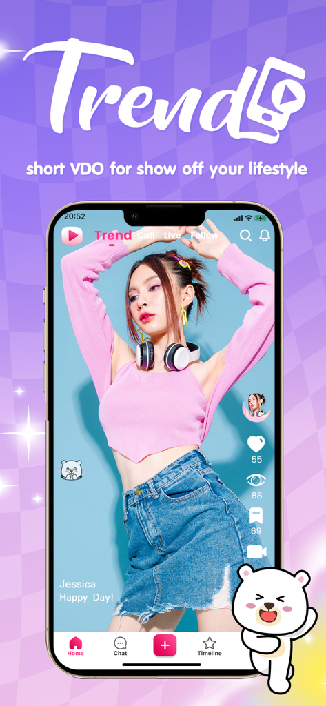 Callplay - Live & Video Call - Callplay app Trend screen showing a short lifestyle video on a smartphone.
