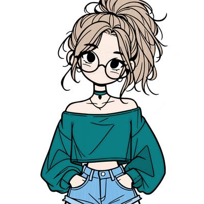 girl with a messy ponytail glasses a baggy crop top and jean shorts
