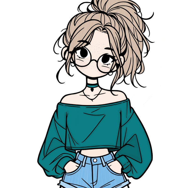 girl with a messy ponytail glasses a baggy crop top and jean shorts
